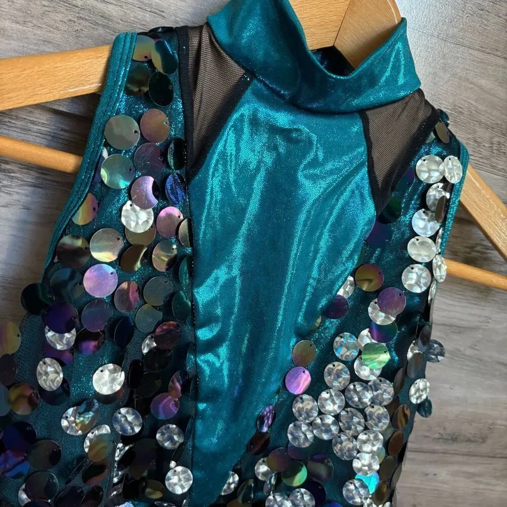 A Wish Come True 21658X XLC Teal Blue Metallic Black Mesh Silver Dance Costume